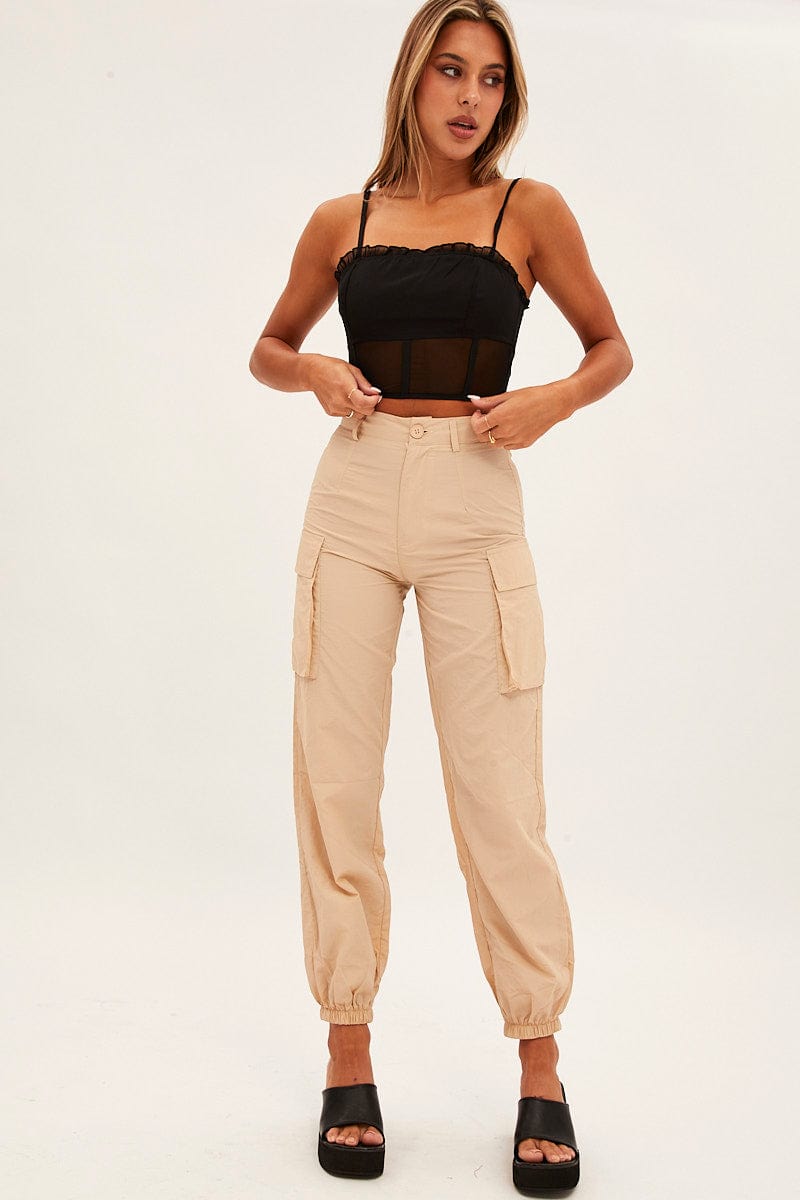 Beige High Rise Wide Leg Cargo Pants for Ally Fashion