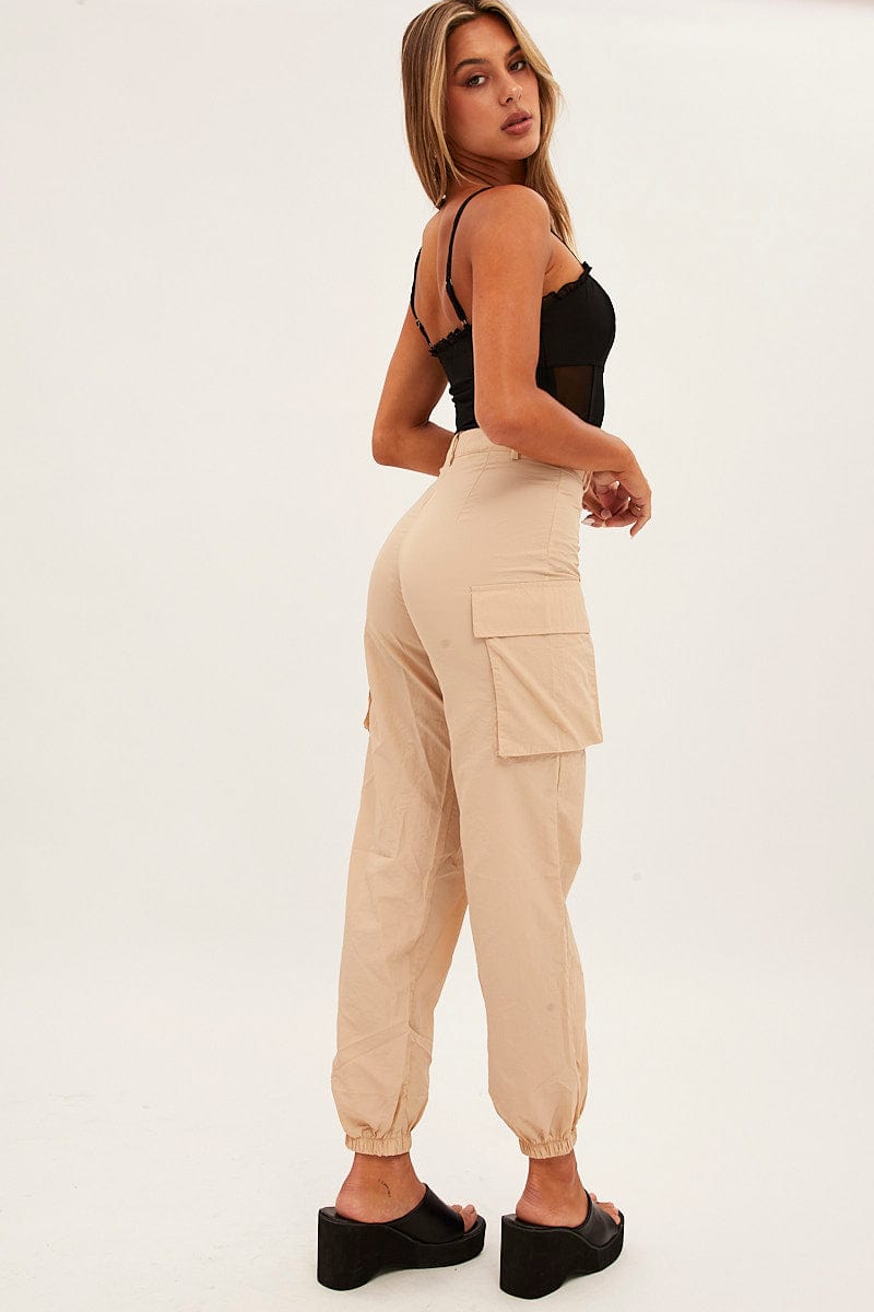 Beige High Rise Wide Leg Cargo Pants for Ally Fashion