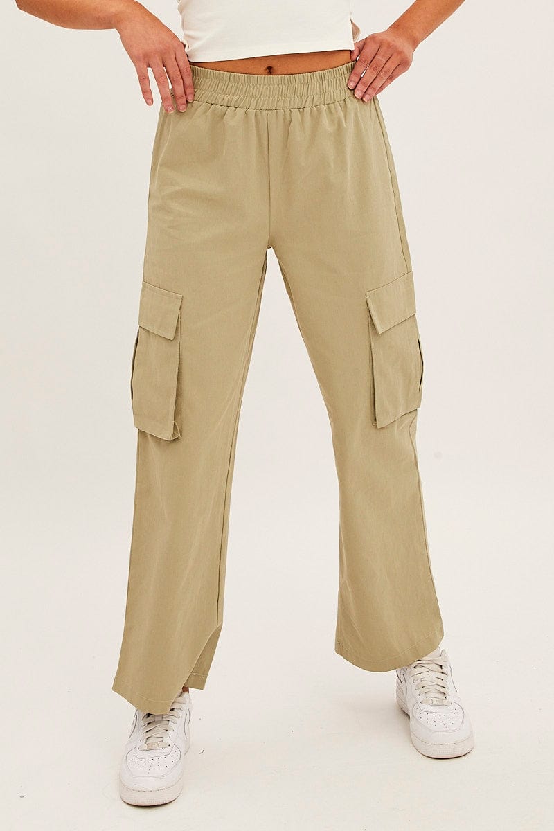 Green Elastic Waist High Rise Wide Leg Cargo Pants for Ally Fashion