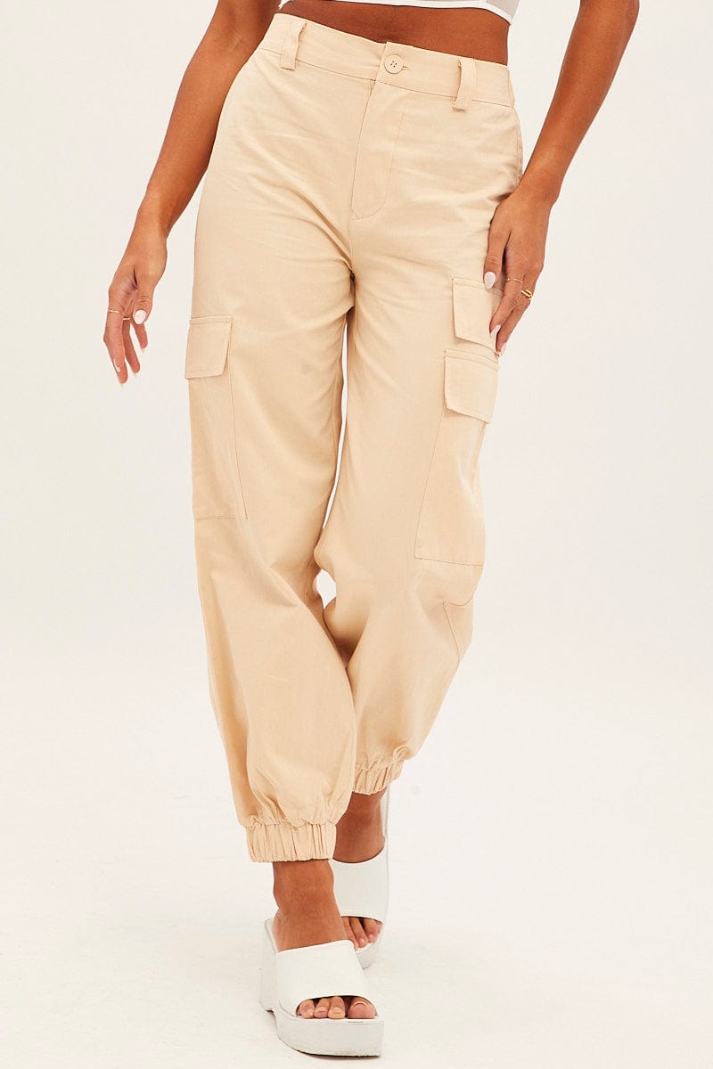 Beige High Rise Wide Leg Cargo Pants for Ally Fashion