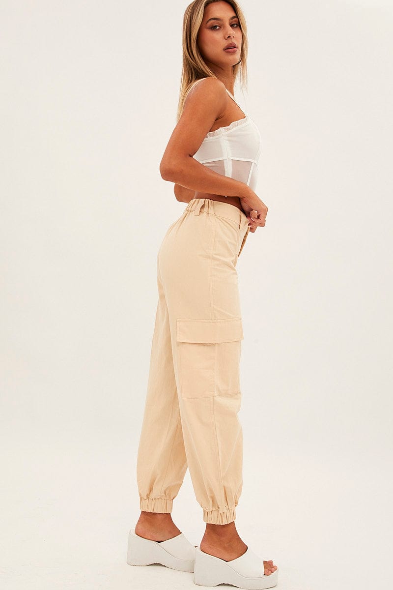 Beige High Rise Wide Leg Cargo Pants for Ally Fashion