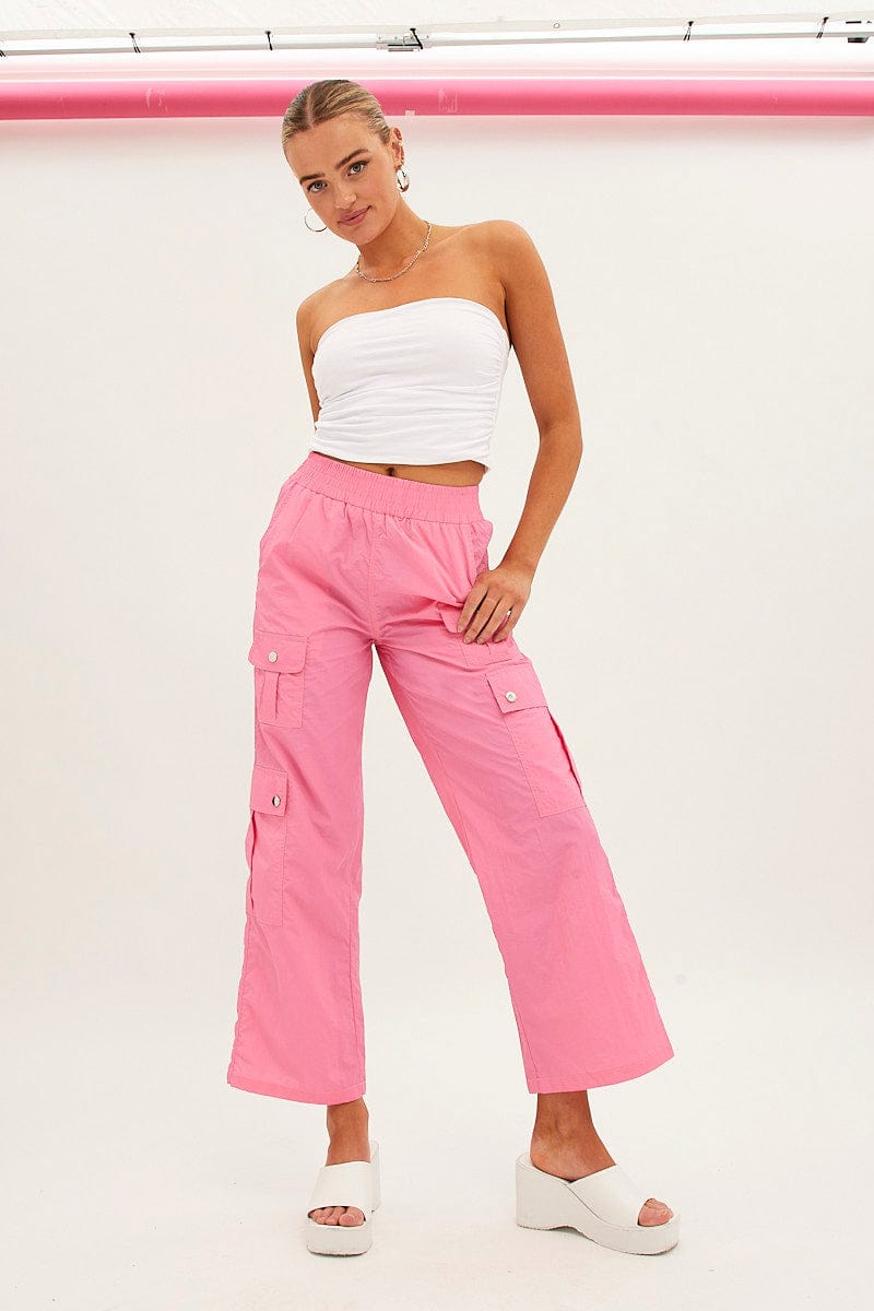 Pink Elastic Waist High Rise Wide Leg Cargo Pants | Ally Fashion