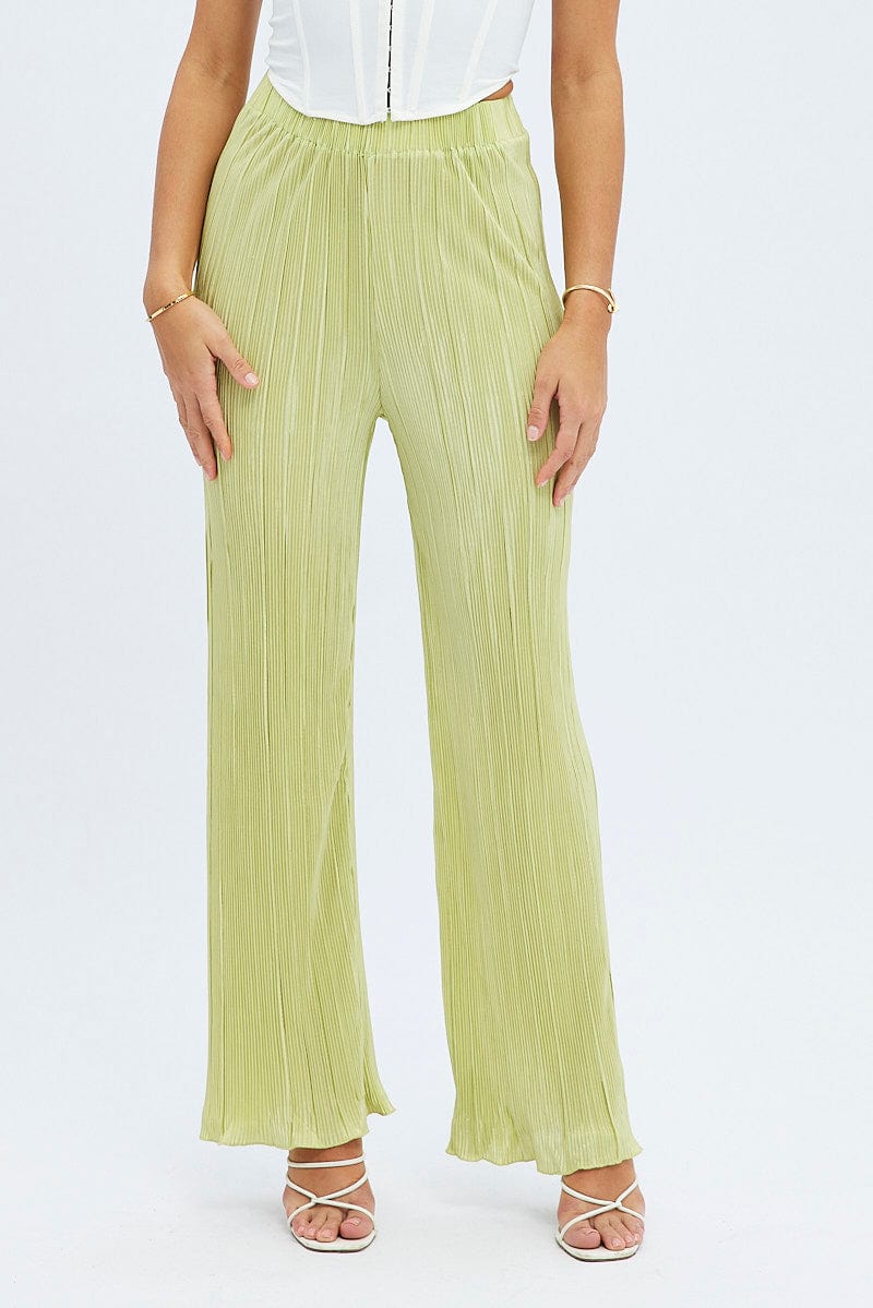 Green Plisse Pants Wide Leg High Rise for Ally Fashion