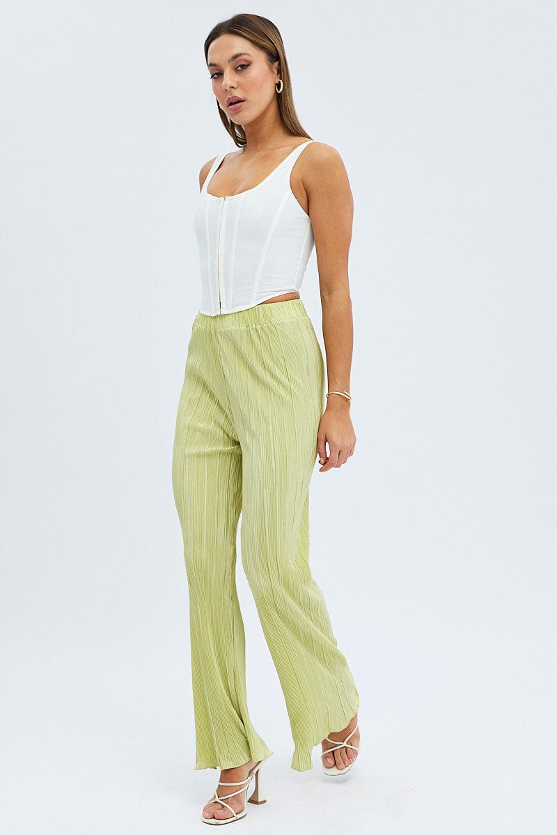 Green Plisse Pants Wide Leg High Rise for Ally Fashion