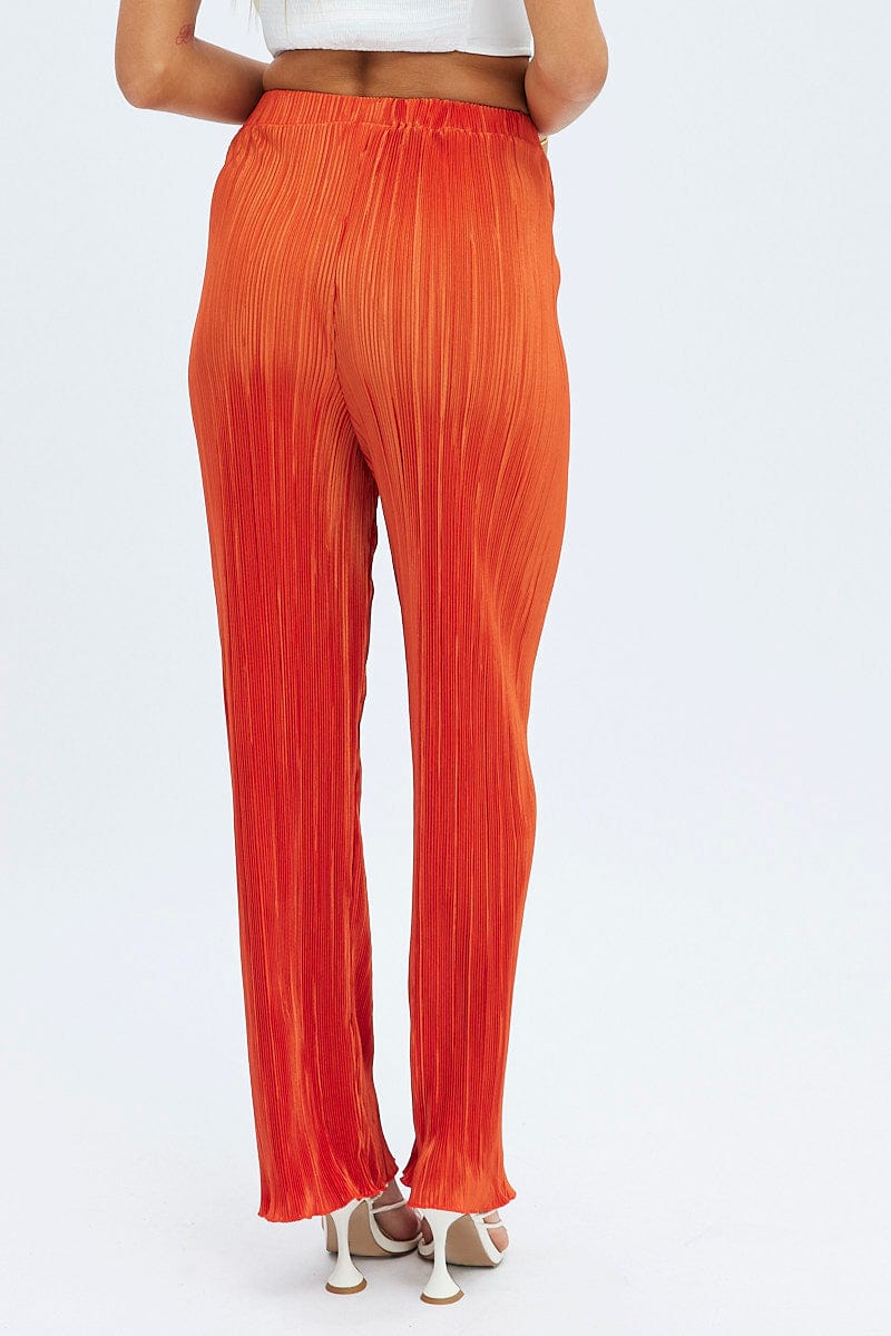 Orange Plisse Pants Wide Leg High Rise for Ally Fashion