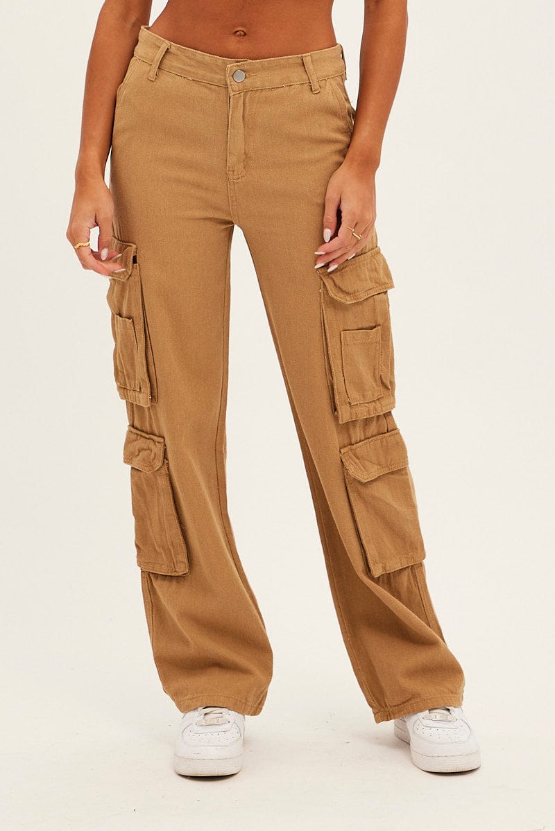 Brown Wide Leg Denim Cargo Pants for Ally Fashion