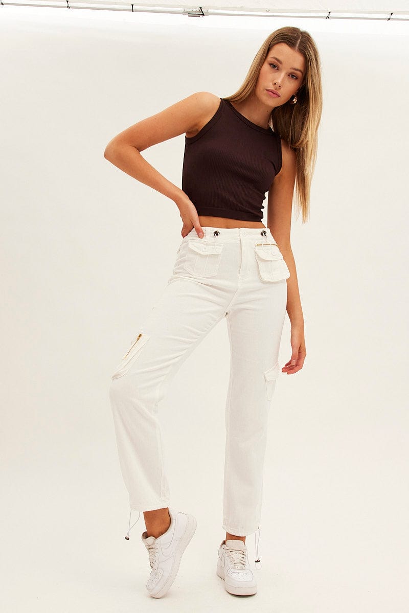 White Wide Leg Denim Cargo Pants for Ally Fashion