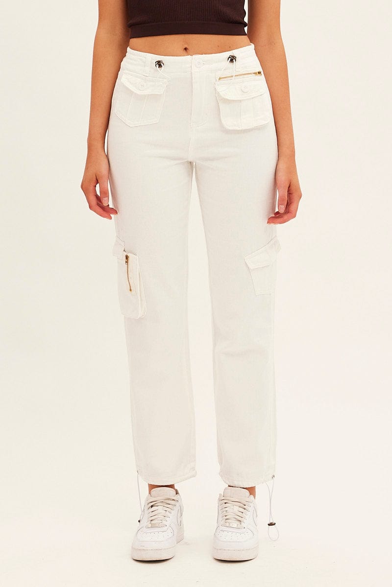 White Wide Leg Denim Cargo Pants for Ally Fashion