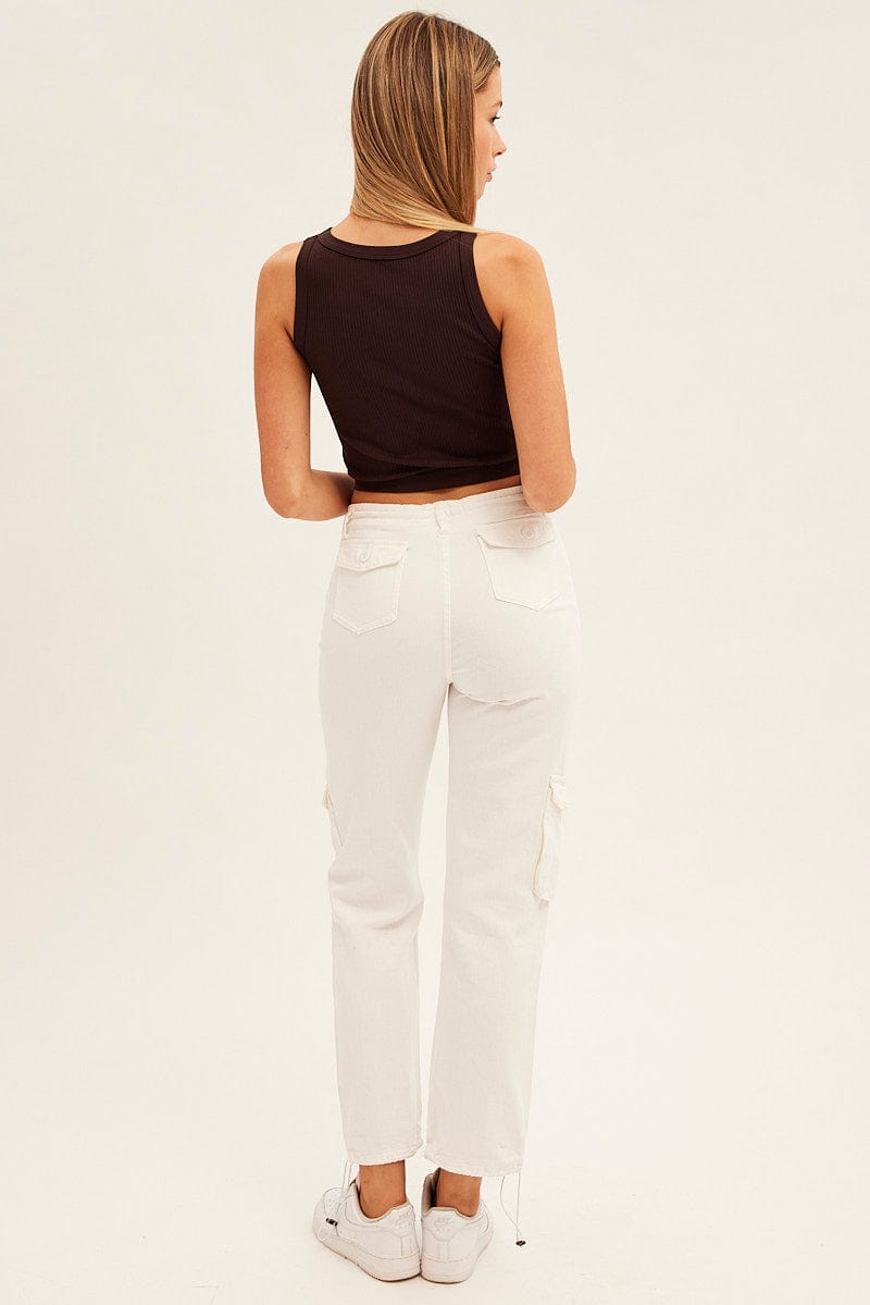 White Wide Leg Denim Cargo Pants for Ally Fashion