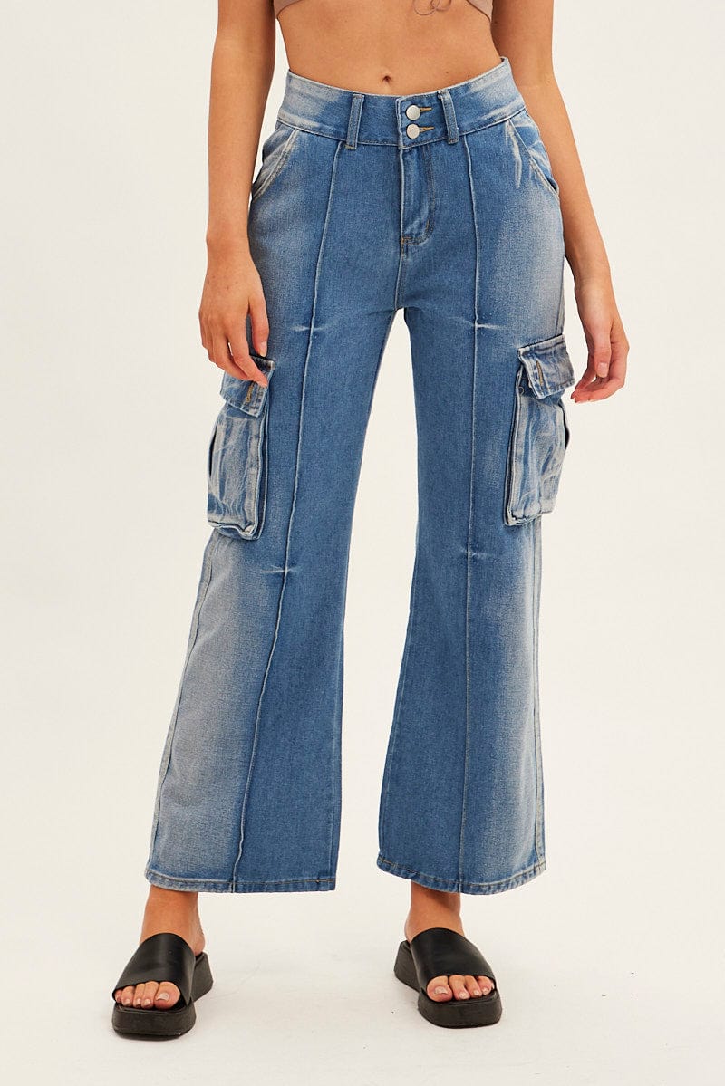 Blue Wide Leg Denim Cargo Pants for Ally Fashion