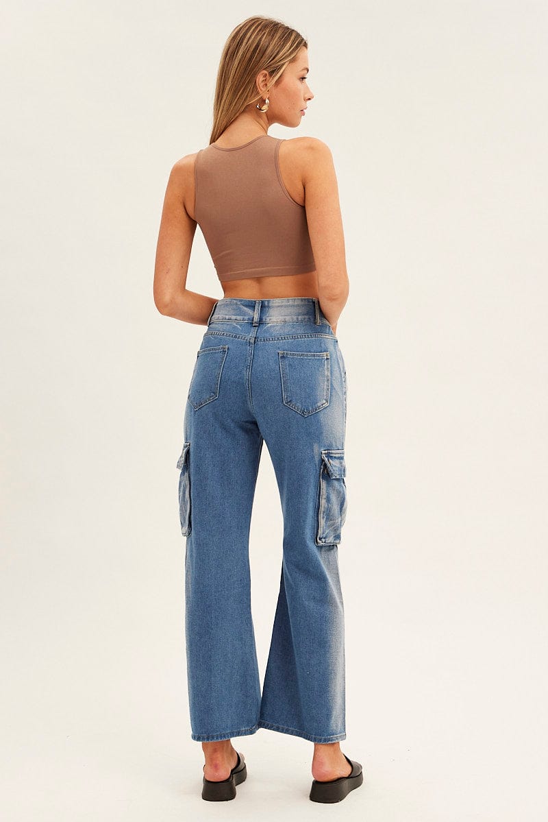 Blue Wide Leg Denim Cargo Pants for Ally Fashion