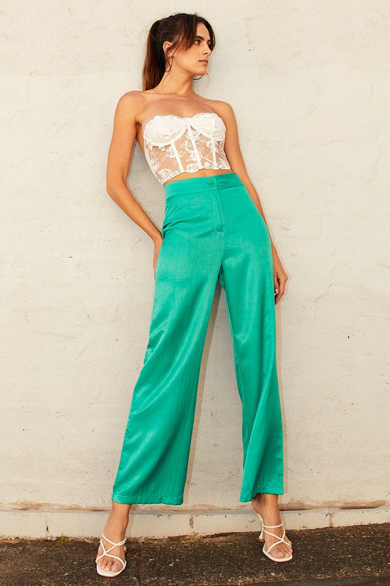 Green Wide Leg Pants High Rise for Ally Fashion