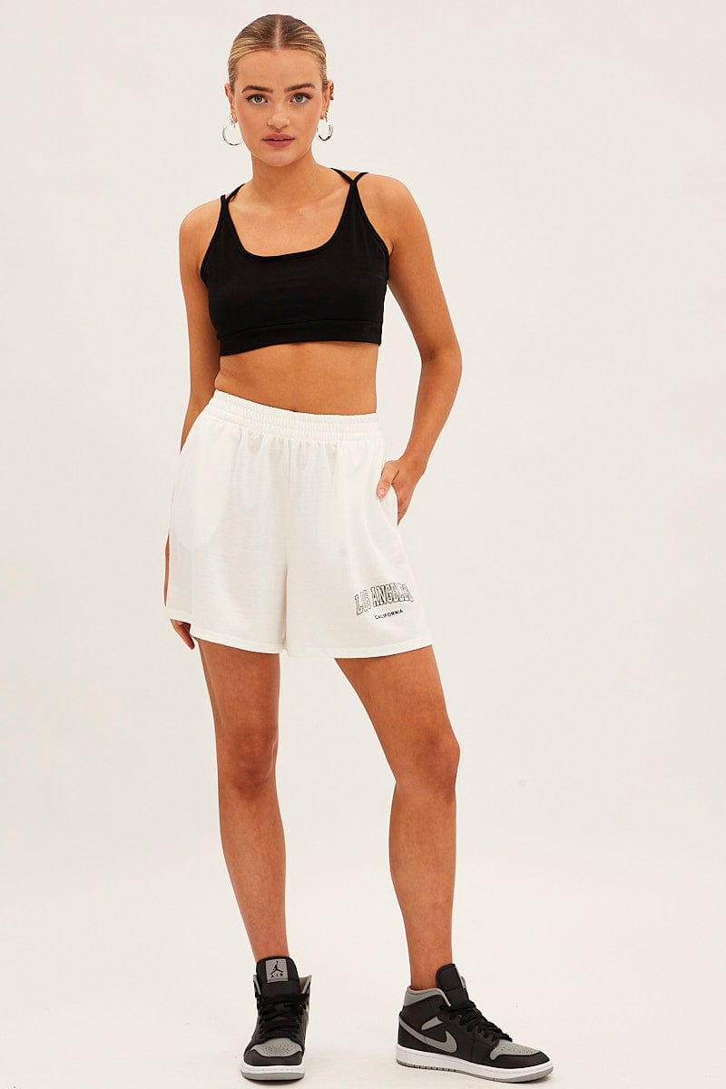 White Elastic Waist Biker Track Shorts for Ally Fashion