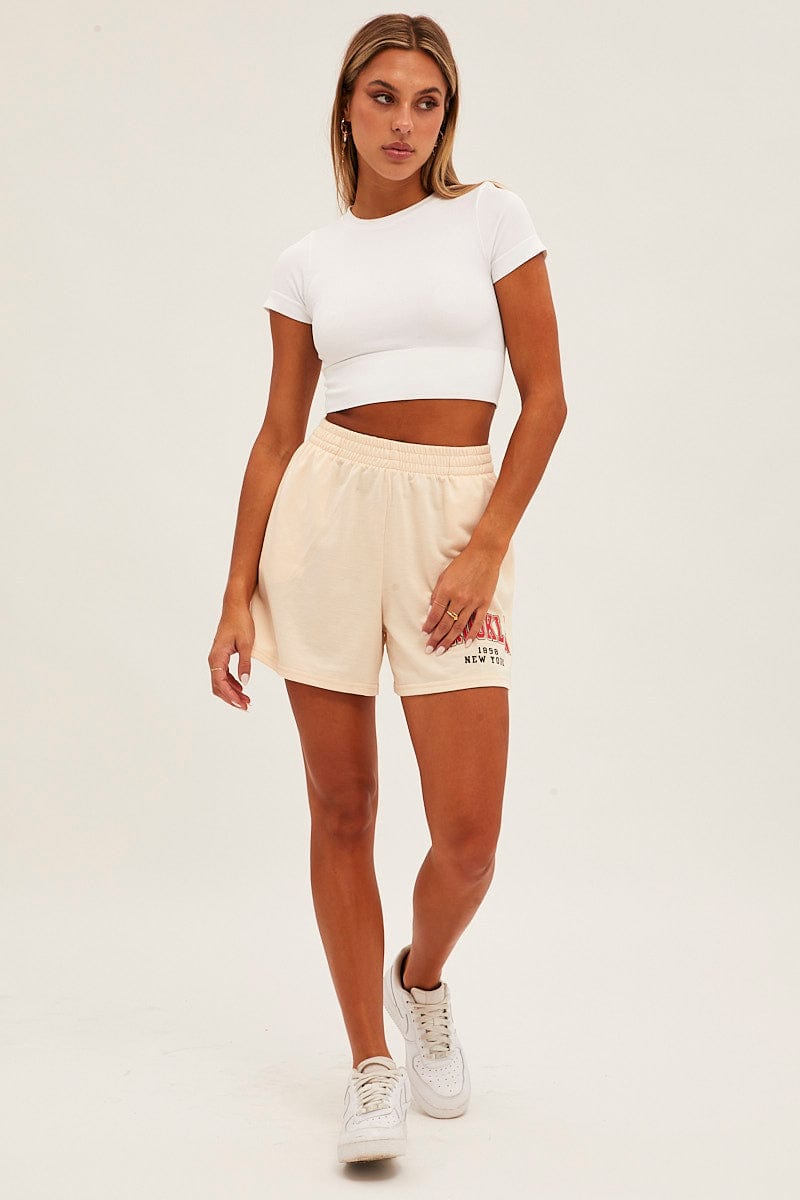 Beige Elastic Waist Biker Track Shorts for Ally Fashion