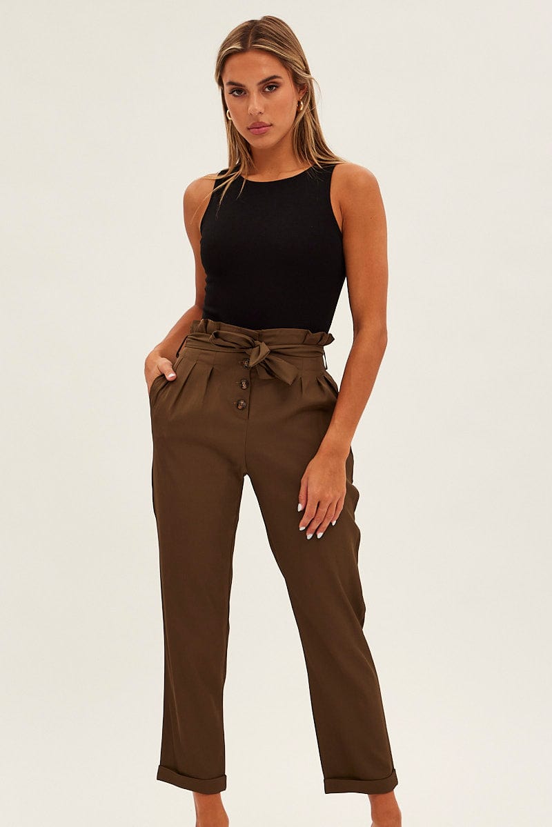 Brown Tie And Elastic Waist Slim Leg Pant for Ally Fashion