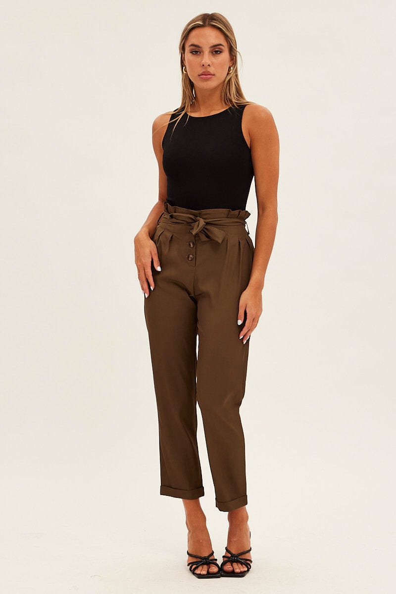 Brown Tie And Elastic Waist Slim Leg Pant for Ally Fashion