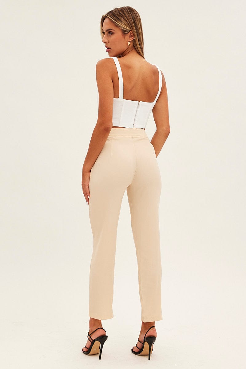 Beige Revival Belted High Waist Pants