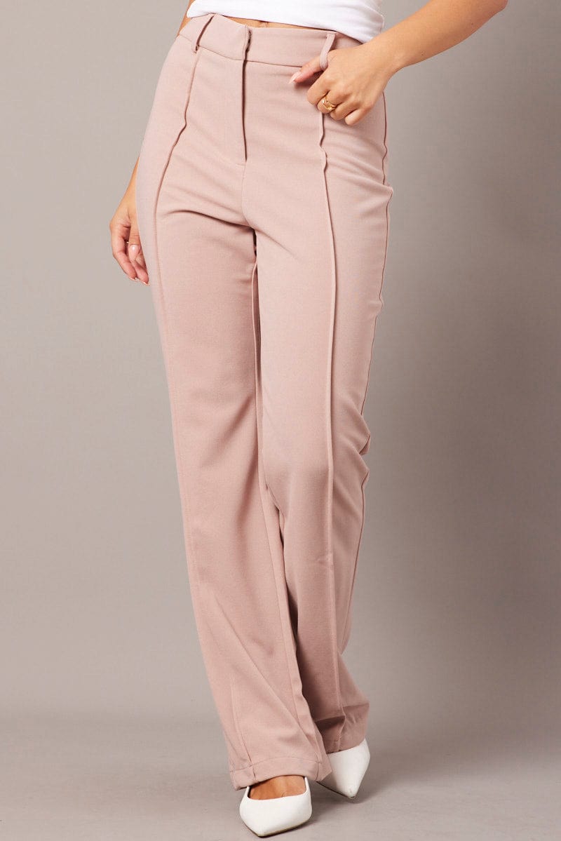 Beige Straight Fit Pants High Rise Workwear for Ally Fashion