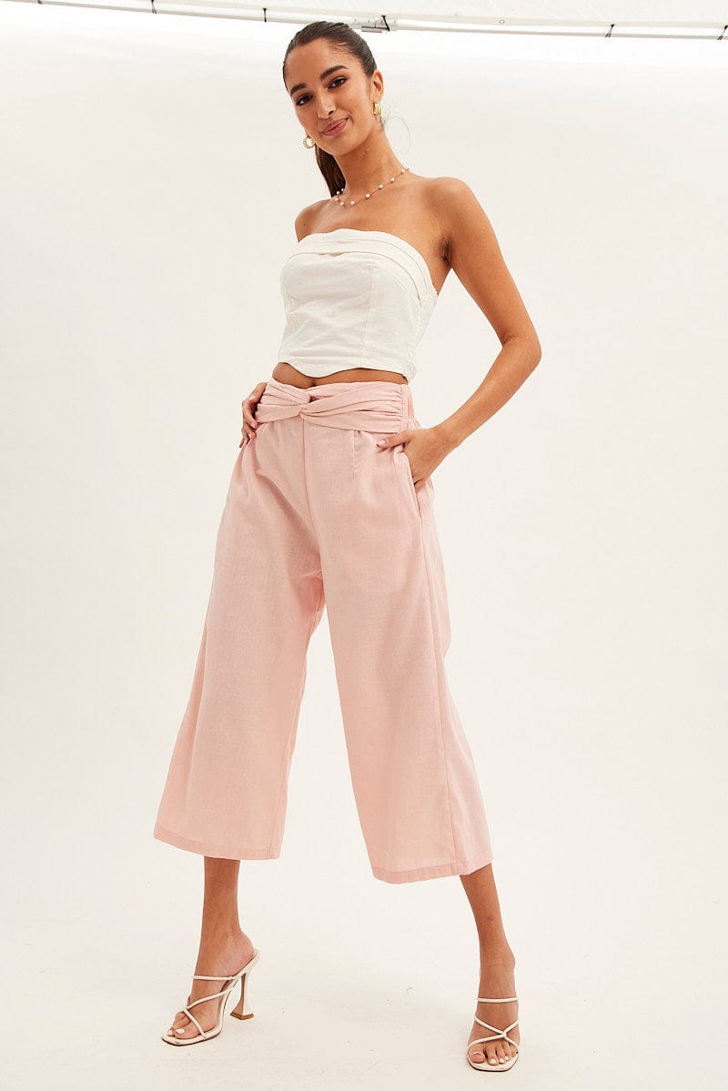 Pink Twist Front Textured Cotton Pant for Ally Fashion