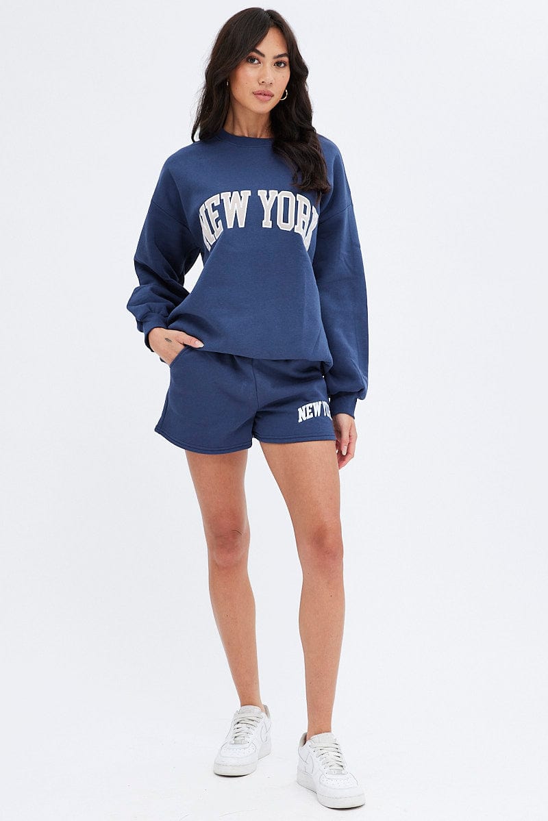 Blue Track Shorts High Rise Elastic Waist for Ally Fashion