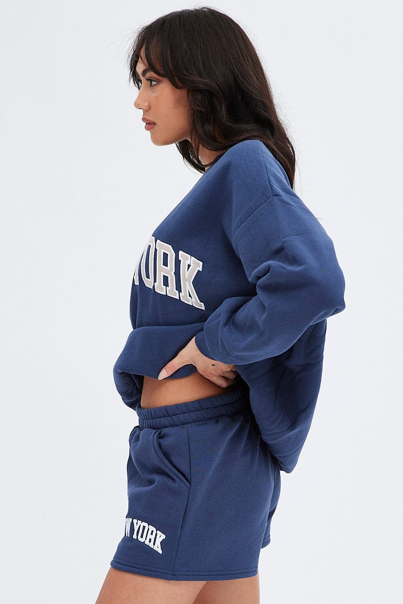 Blue Track Shorts High Rise Elastic Waist for Ally Fashion