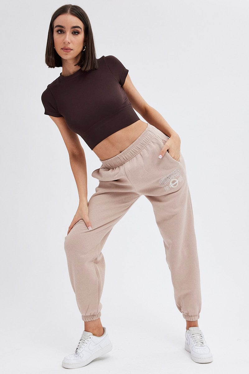 Brown Track Pants High Rise Jogger for Ally Fashion