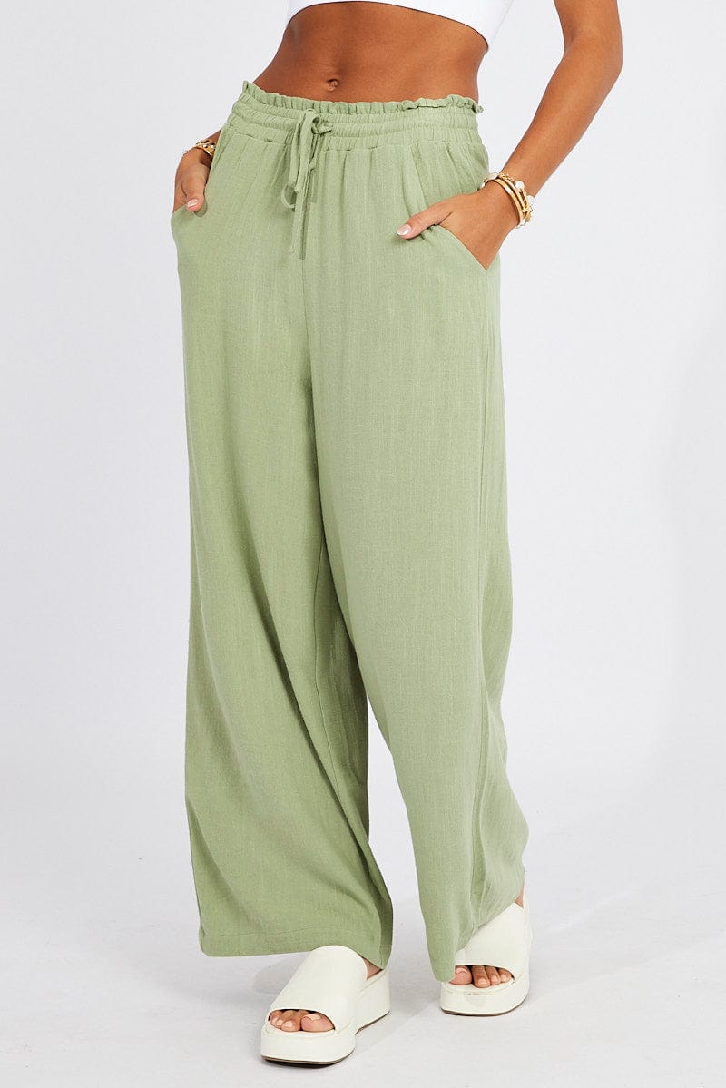 Green Wide Leg Pants High Rise for Ally Fashion