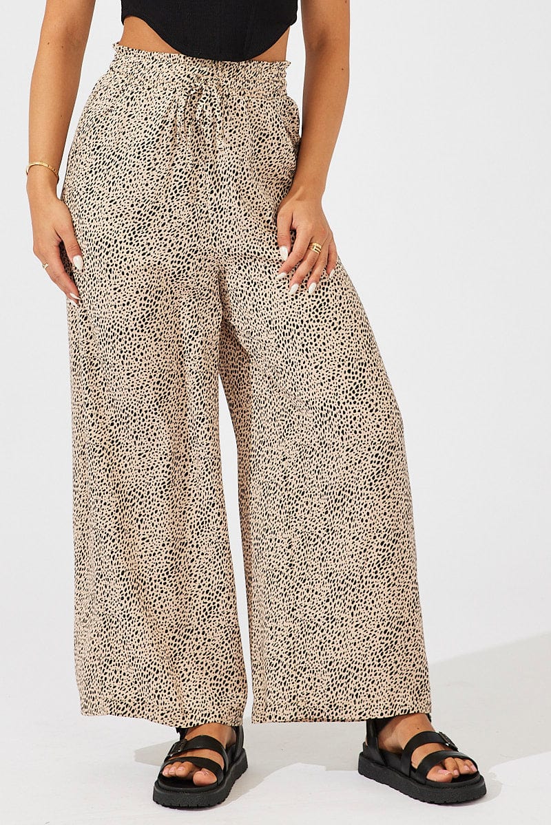 Beige Animal Print Wide Leg Pants High Rise for Ally Fashion