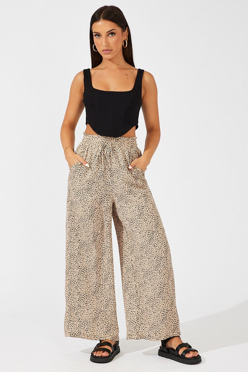 Beige Animal Print Wide Leg Pants High Rise for Ally Fashion