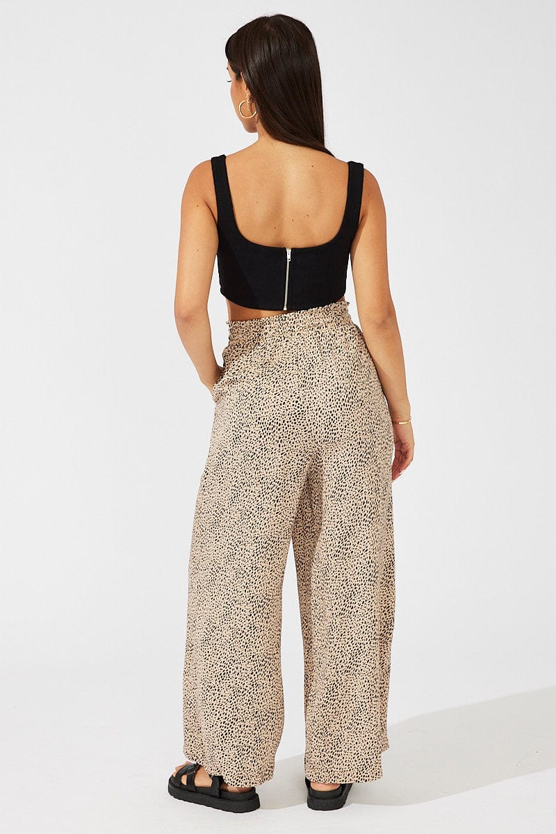 Beige Animal Print Wide Leg Pants High Rise for Ally Fashion