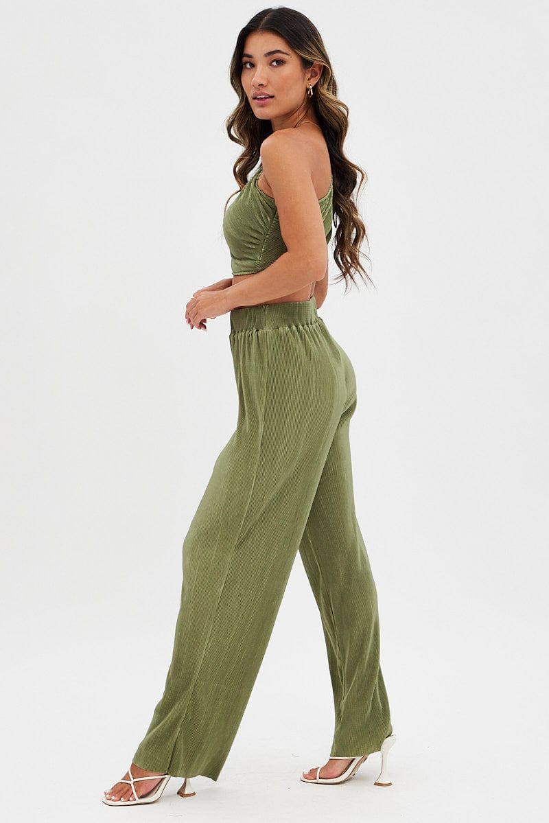 Green Plisse Pants Wide Leg for Ally Fashion