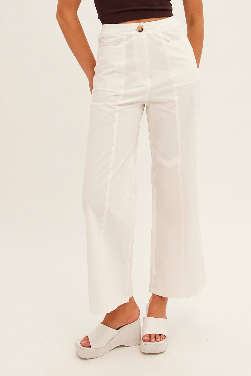 White Wide Leg Pants High Rise Cotton for Ally Fashion