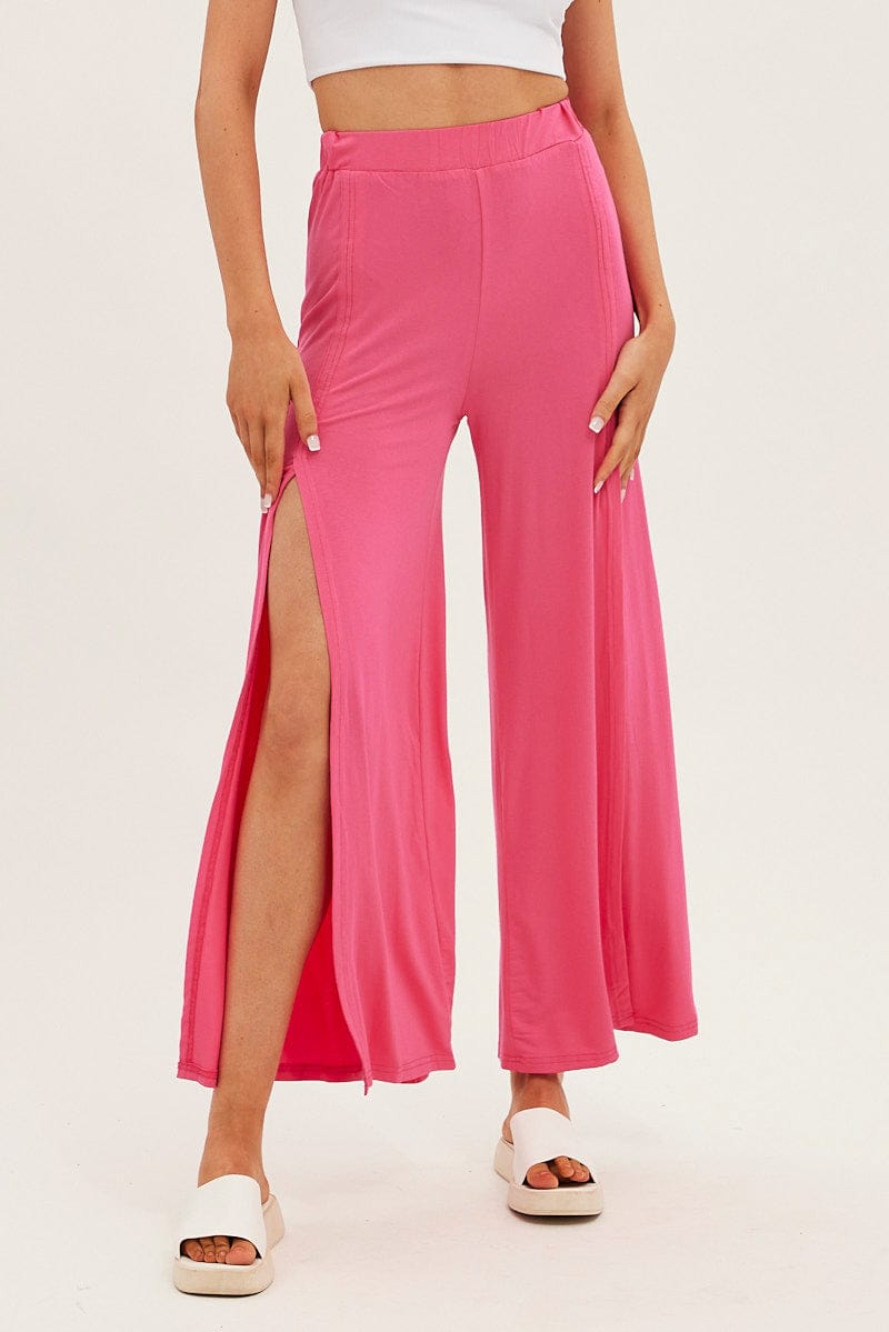 Hot Pink Wide Leg Pants High Rise Front Split for Ally Fashion