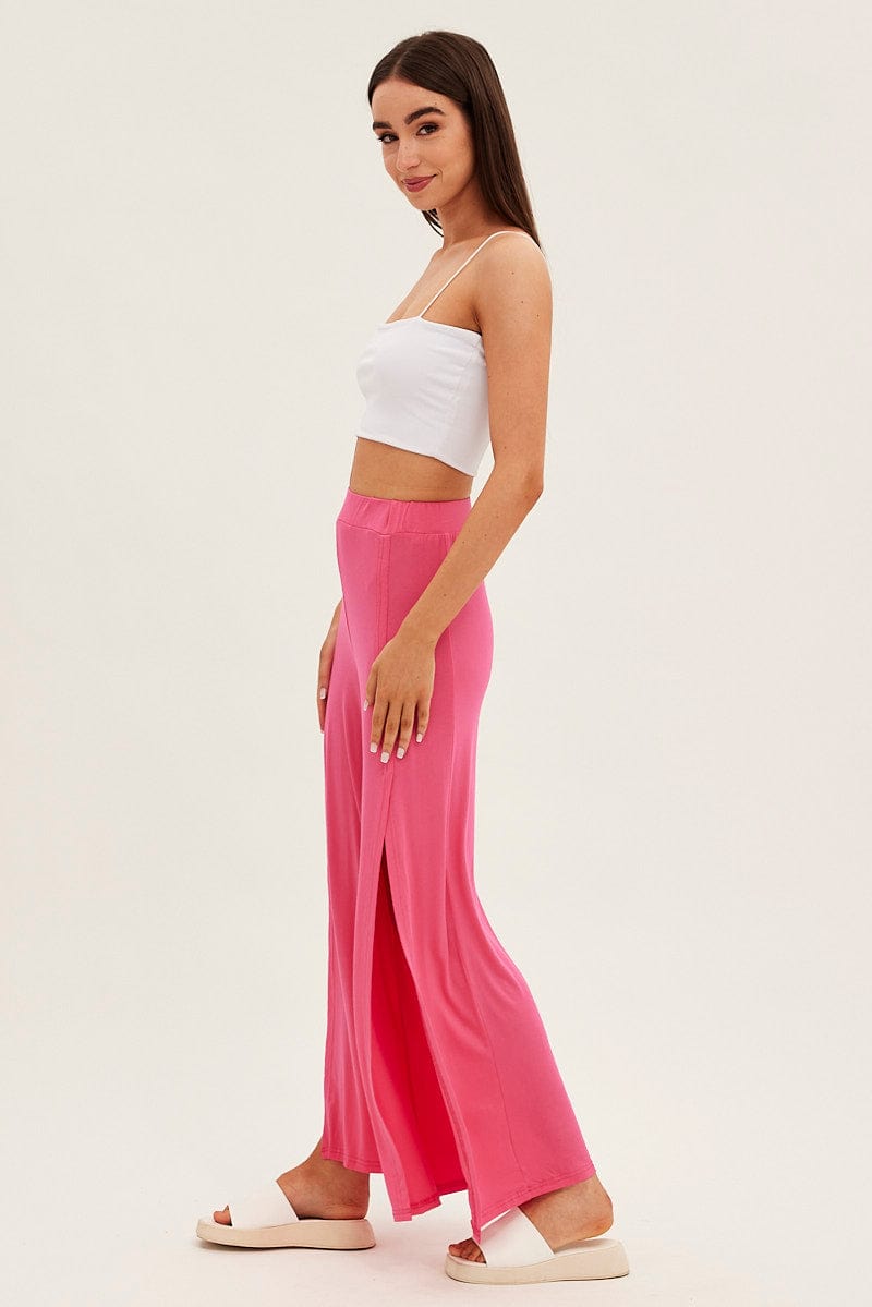 Hot Pink Wide Leg Pants High Rise Front Split for Ally Fashion