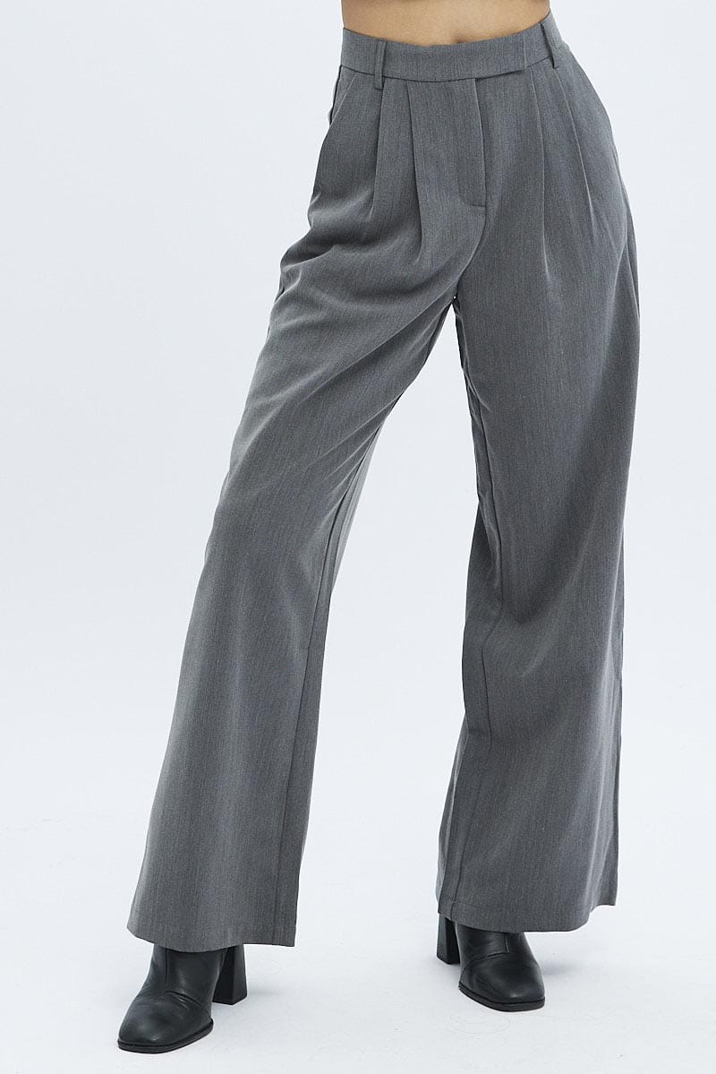 Grey Wide Leg Pants Turn Down Waist Low Rise for Ally Fashion