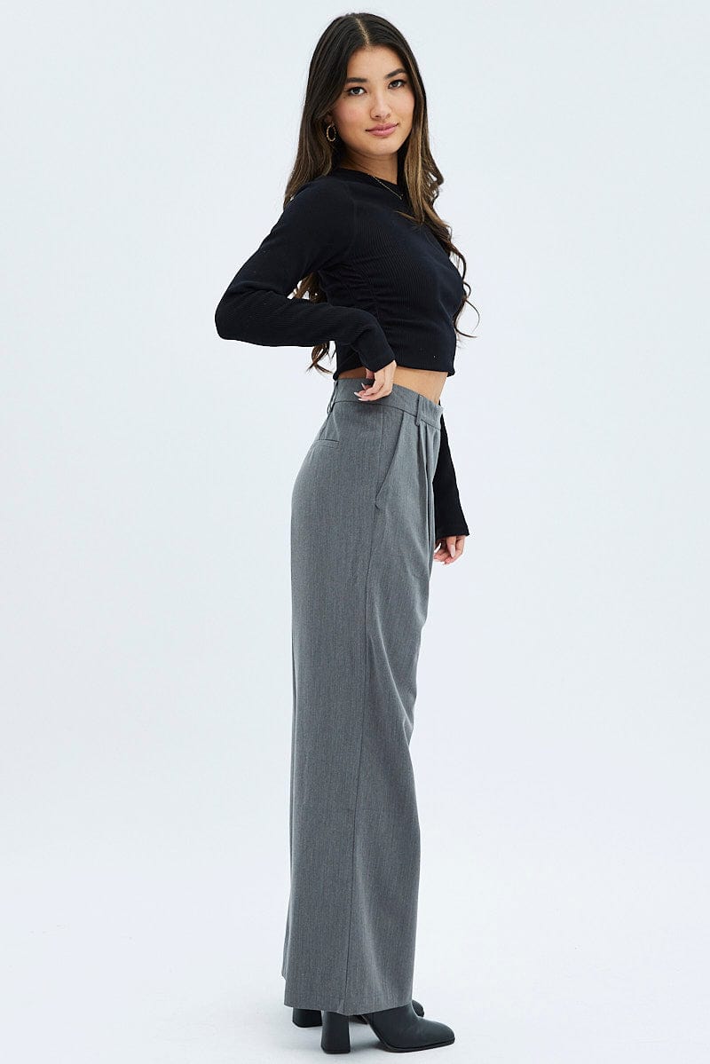 Grey Wide Leg Pants Turn Down Waist Low Rise for Ally Fashion