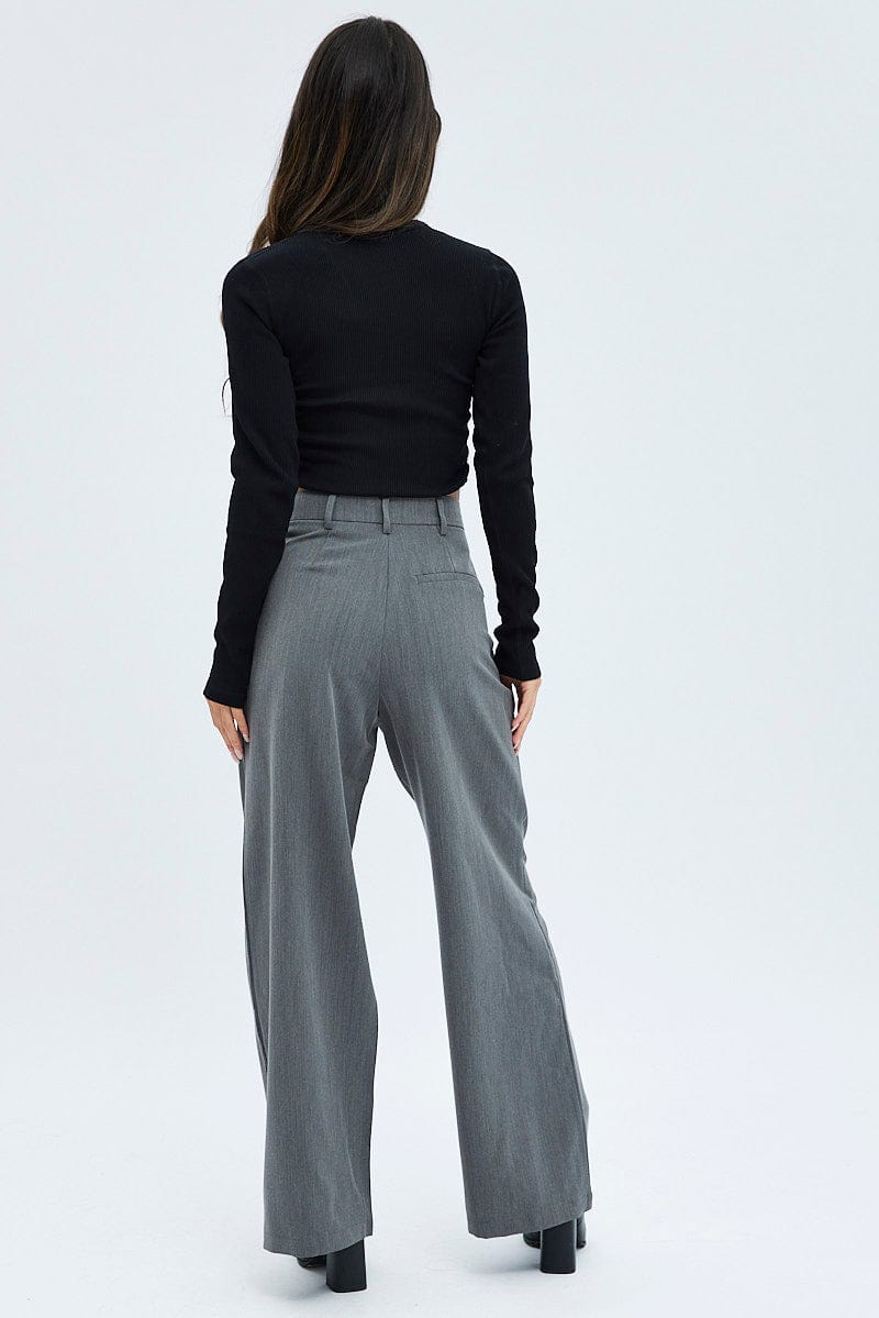 Grey Wide Leg Pants Turn Down Waist Low Rise for Ally Fashion