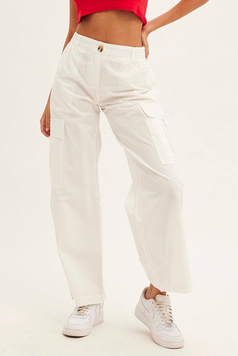 White Cargo Pants Wide Leg Mid Rise for Ally Fashion