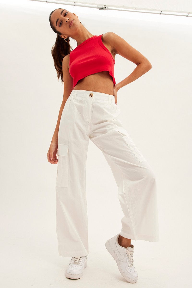 White Cargo Pants Wide Leg Mid Rise for Ally Fashion