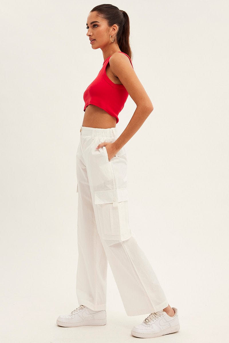 White Cargo Pants Wide Leg Mid Rise for Ally Fashion