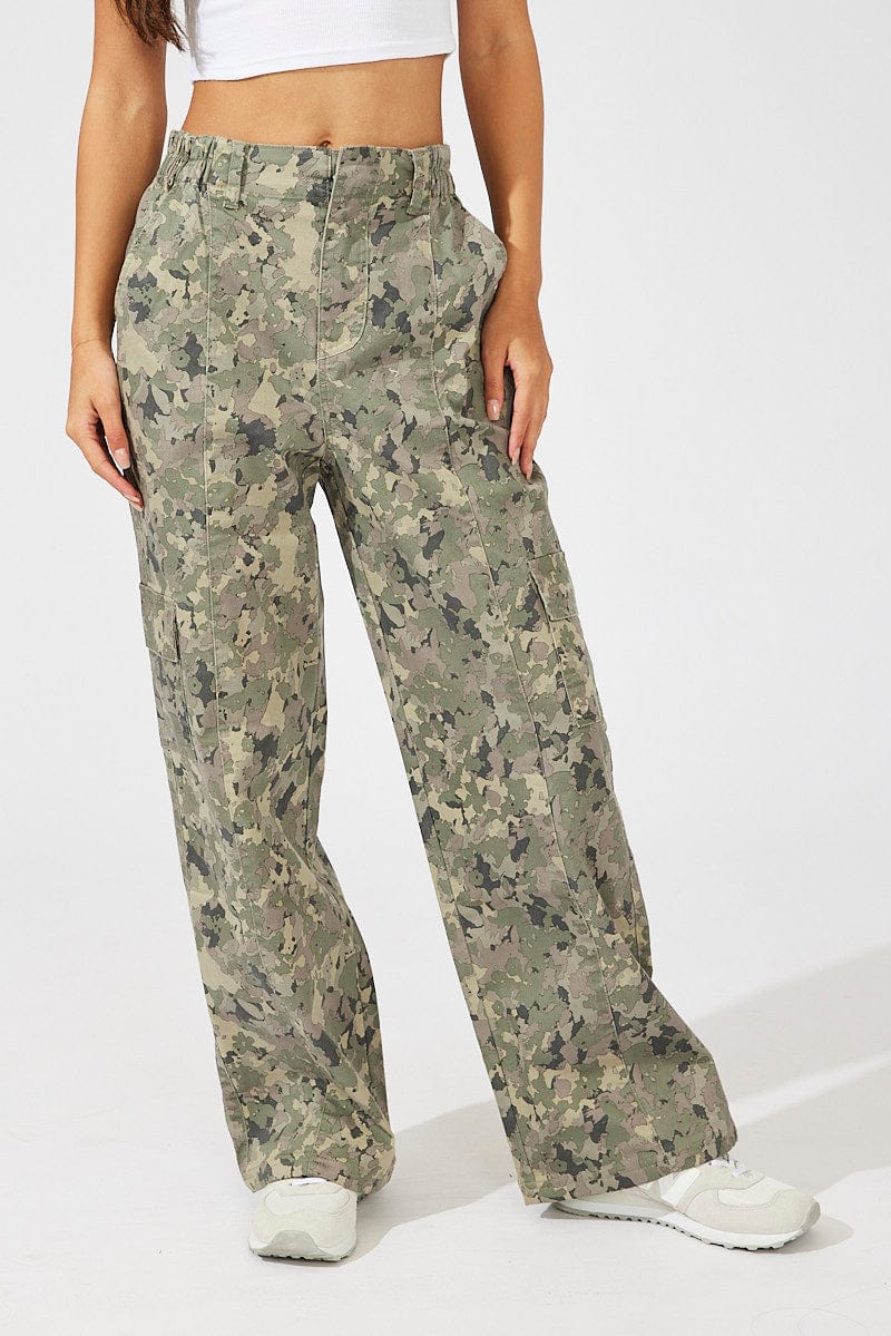 Green Print Cargo Pants Mid Rise for Ally Fashion