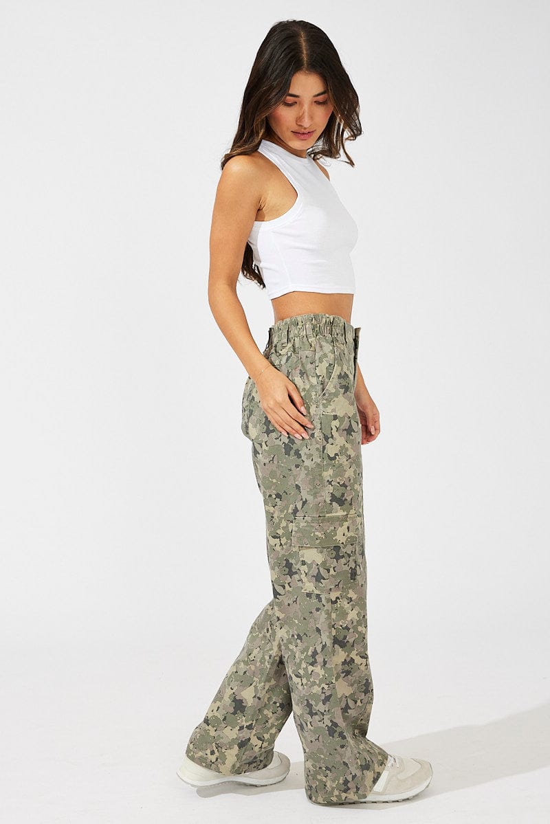 Green Print Cargo Pants Mid Rise for Ally Fashion