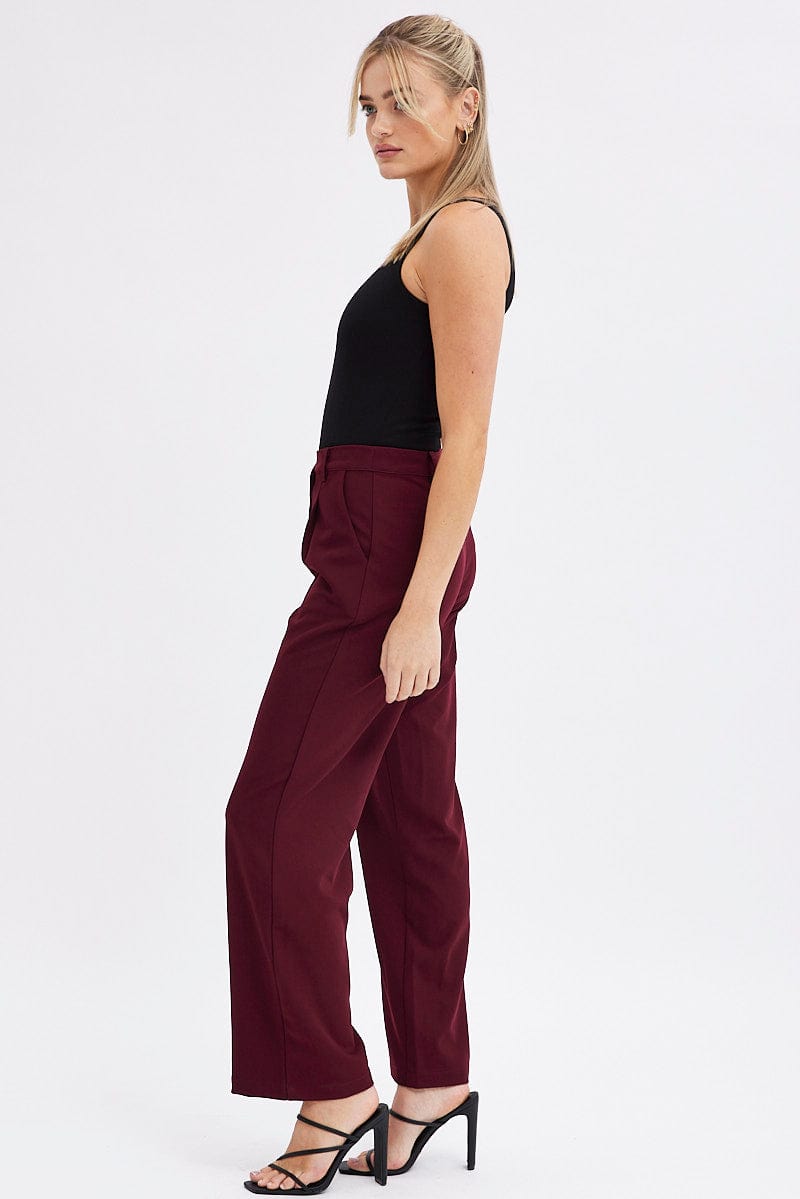 Red Wide Leg Pants Low Rise Cross over Waistband for Ally Fashion