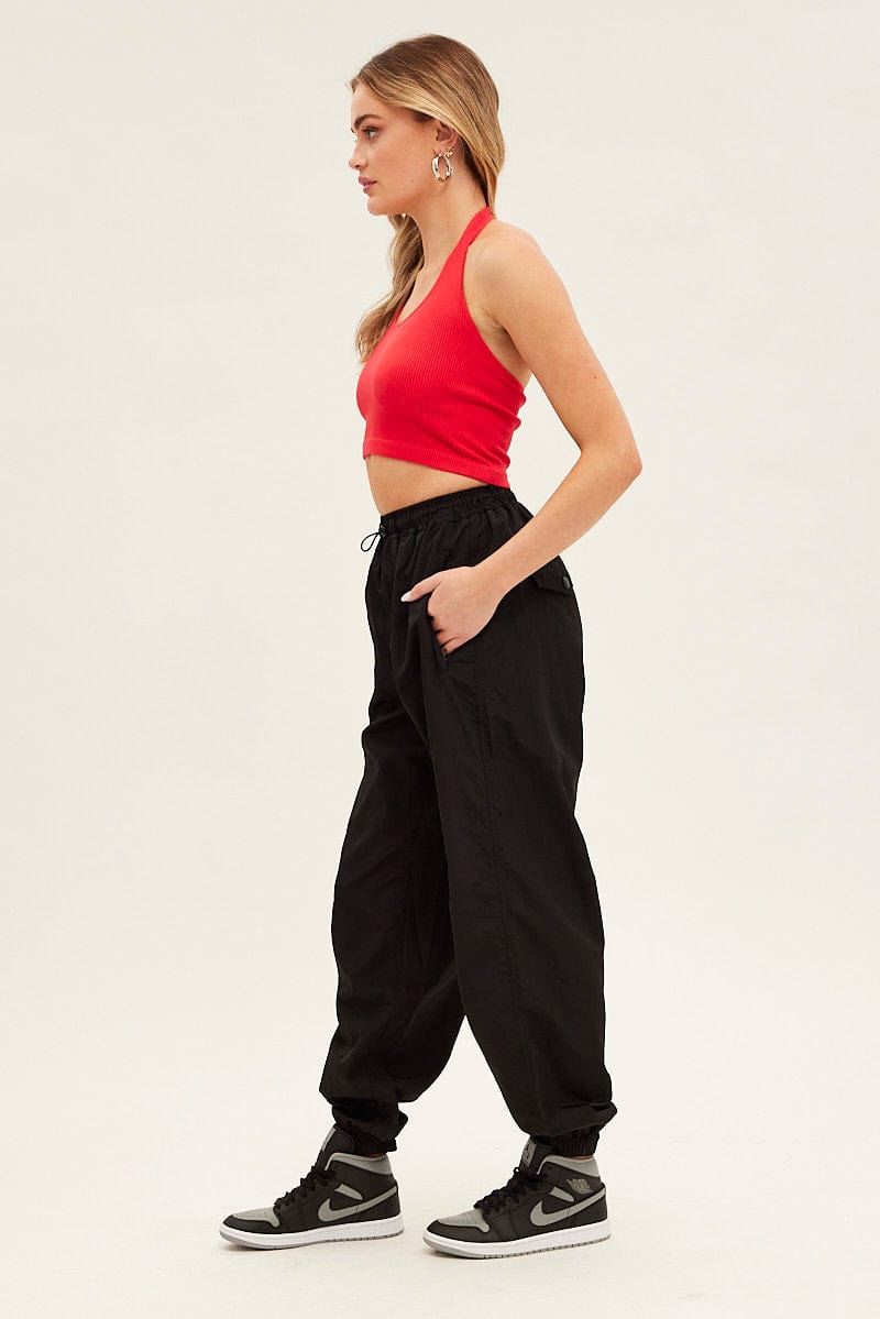 Black Parachute Cargo Pants Mid Rise for Ally Fashion