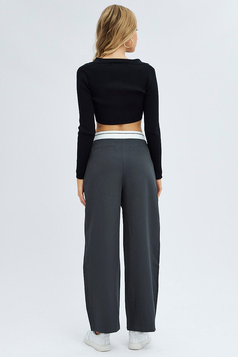 Grey Wide Leg Pants Turn Down Waist Low Rise for Ally Fashion