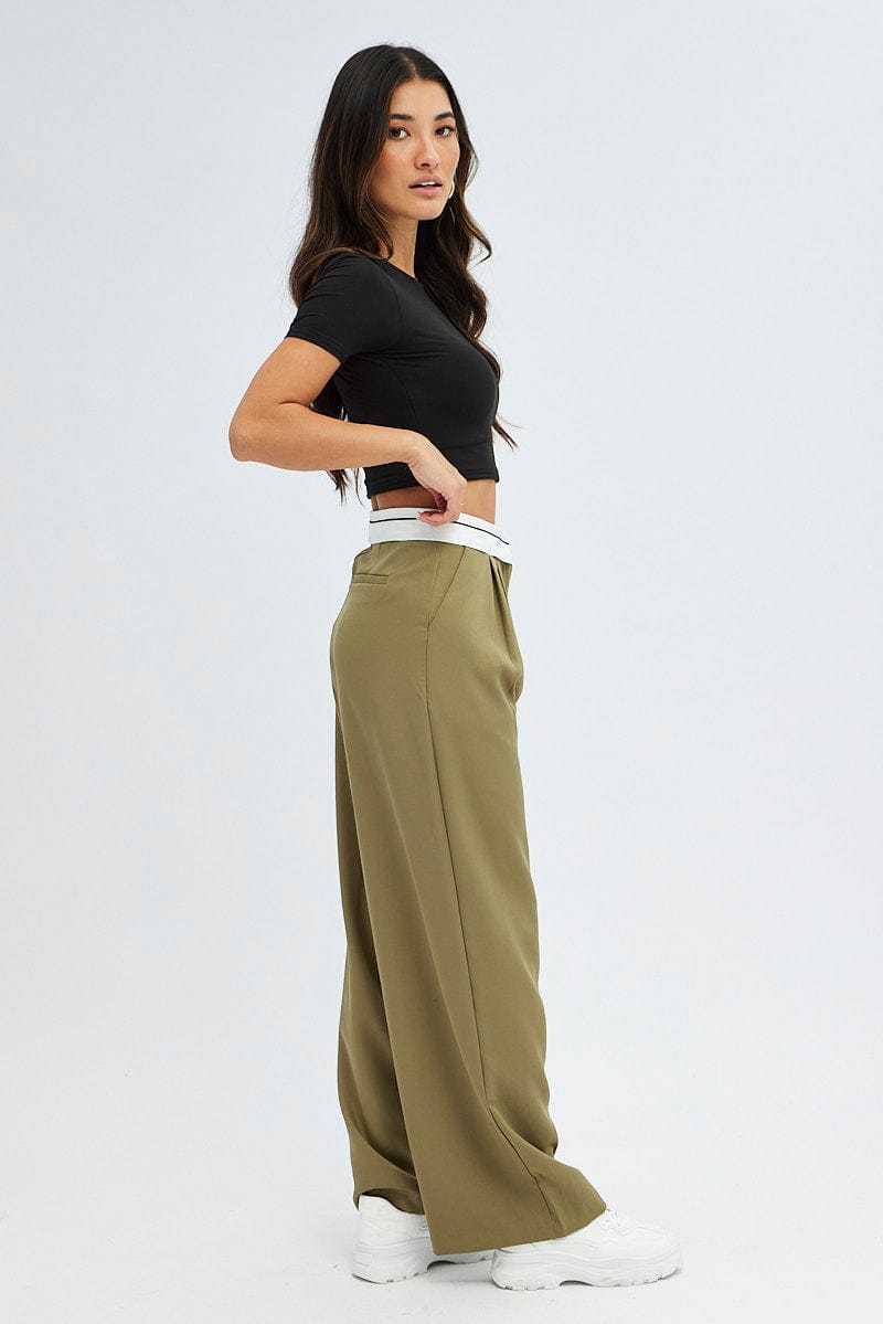 Green Wide Leg Pants Turn Down Waist Low Rise for Ally Fashion