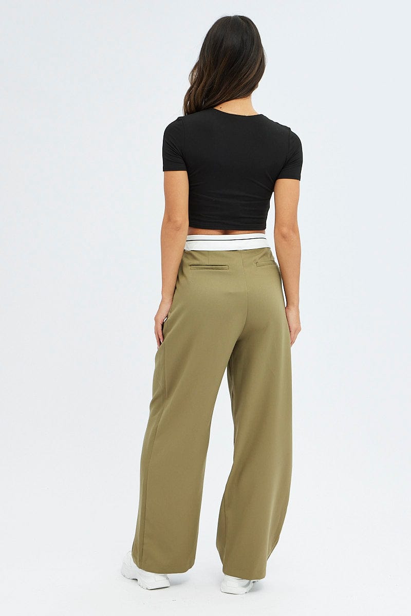 Green Wide Leg Pants Turn Down Waist Low Rise for Ally Fashion