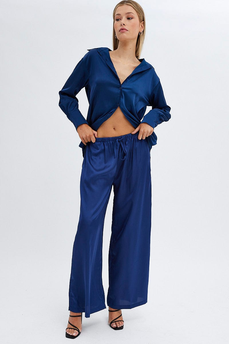 Blue Wide Leg Pants High Rise for Ally Fashion