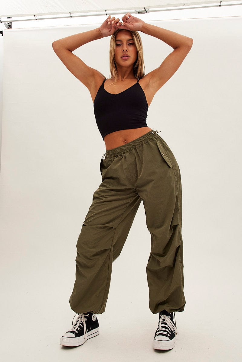 Green Parachute Cargo Pants Low Rise for Ally Fashion