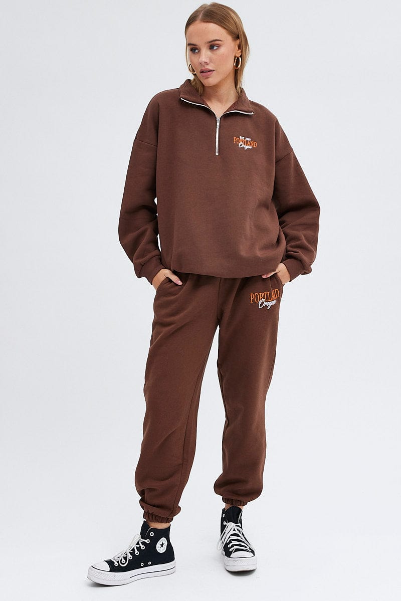 Brown Track Pants High Rise Jogger for Ally Fashion